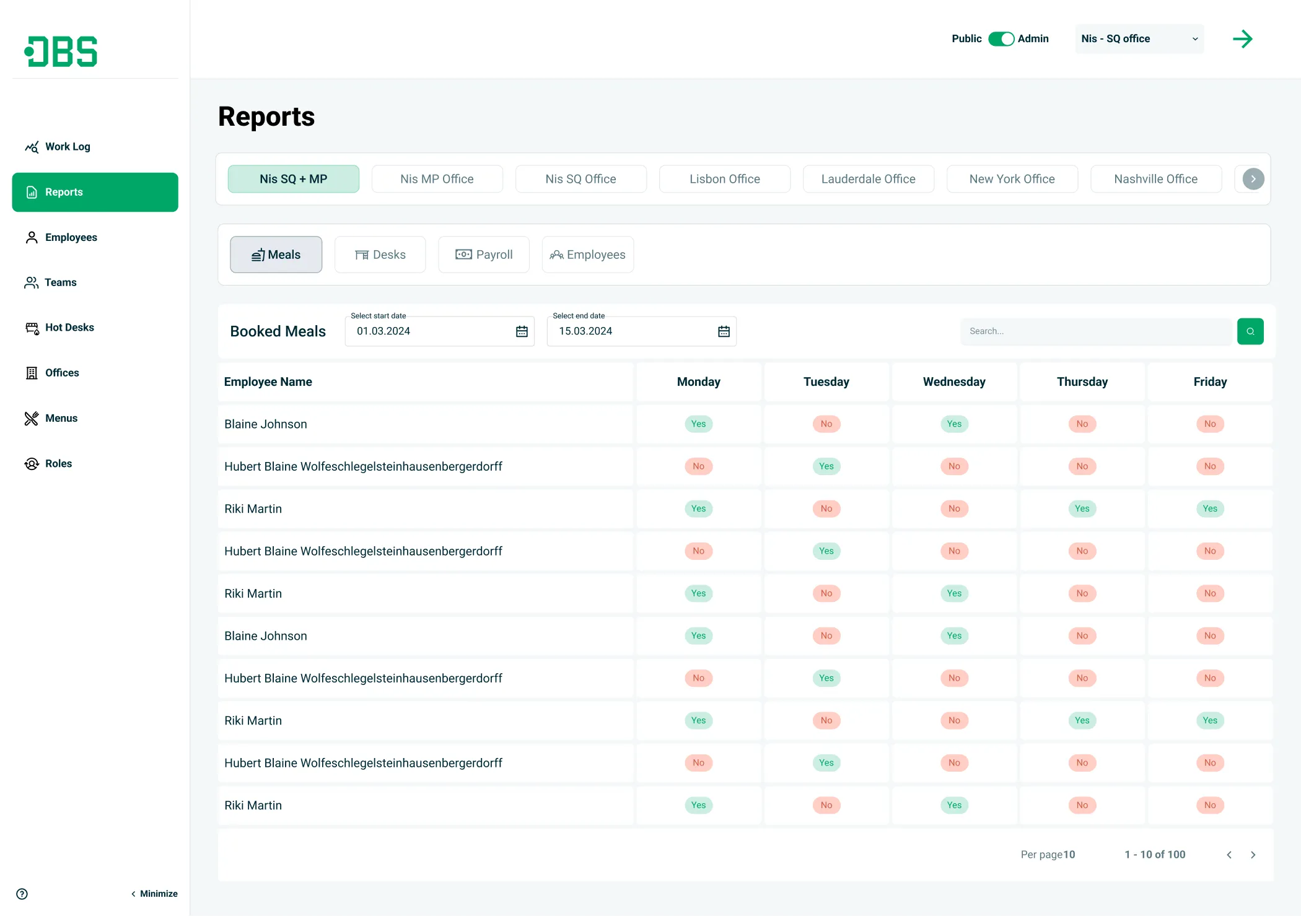 DBS reports table showing employee work records and attendance statuses.
