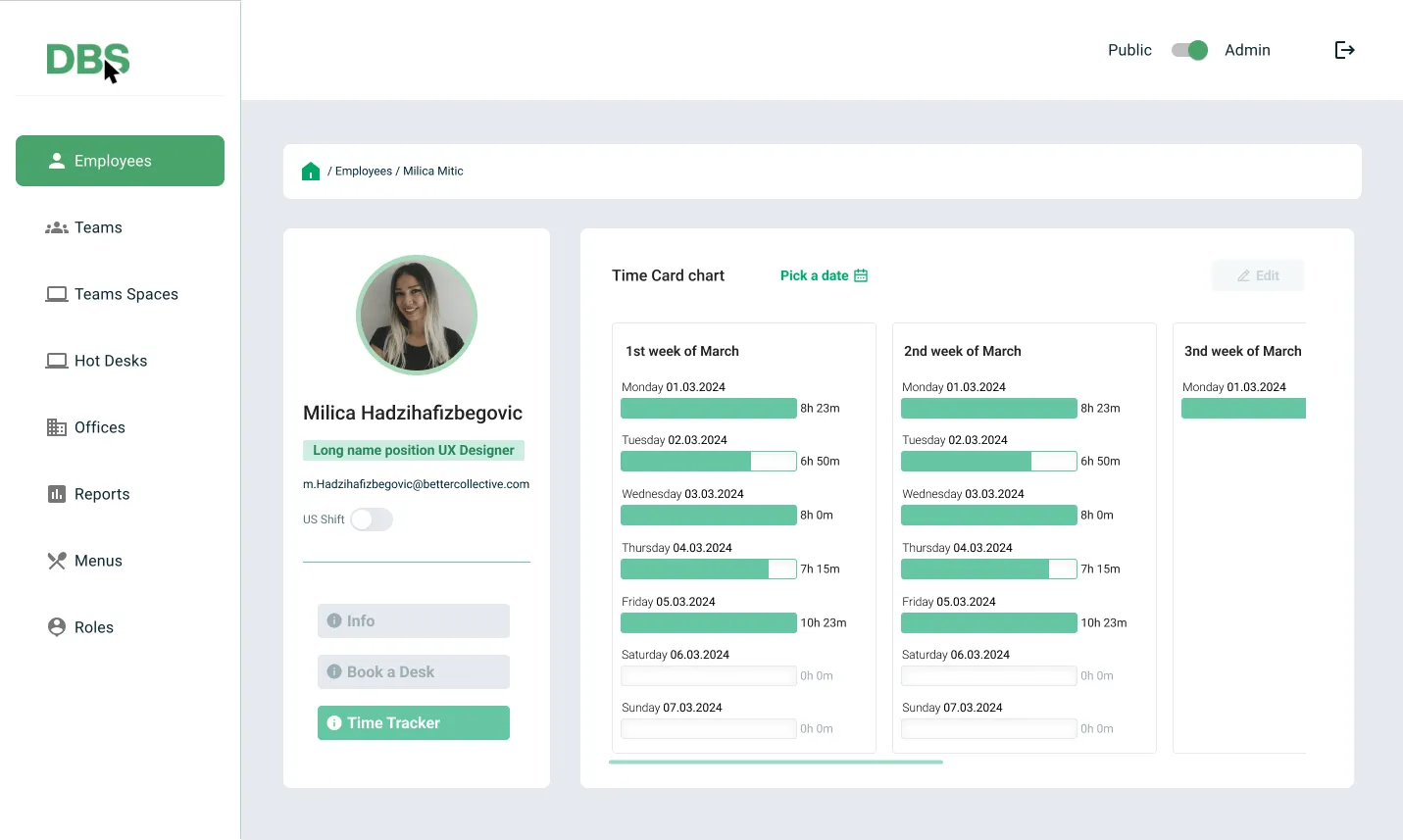 DBS employee administration page showing a time card, profile details, and administrative navigation.