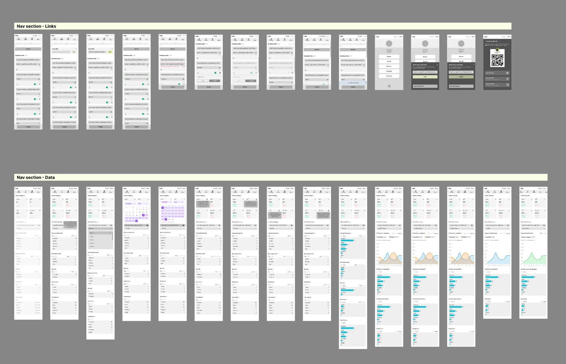 Wireframes for styling, links, and data sections in the affiliate workflow.