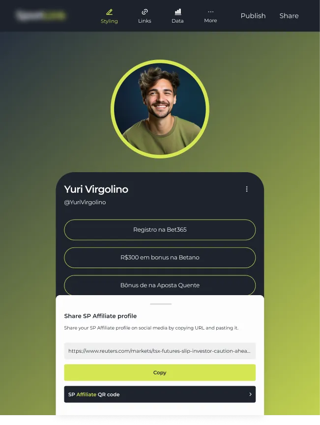 Tablet SP Affiliate profile view with a share-profile panel and QR-code option.