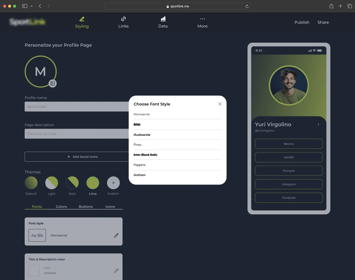 SP Affiliate profile-styling interface with font options and a mobile profile preview.
